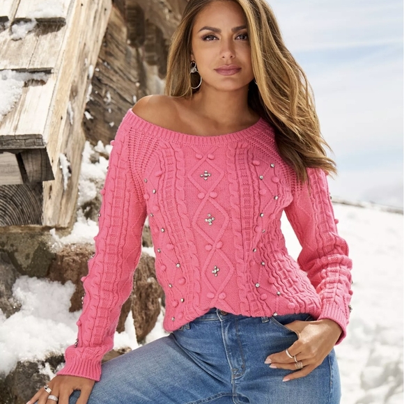 Boston Proper Pink Rhinestone Sweater - Picture 1 of 10
